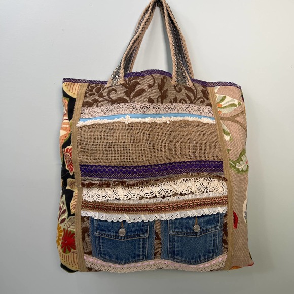 Upcycled Tote Market Bag Denim Lace Remnants Large Shopping Crafts Boho Artist - Picture 2 of 9